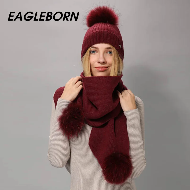 

EAGLEBORN winter hat scarf for women girl's beanie wool Knitted hat scarf set and big real mink fur pom pom Winter Beanie Scarf