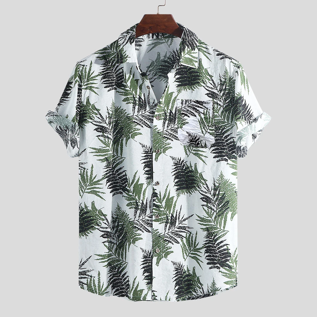 Новейшие мужские Гавайские листья напечатаны хлопок короткий рукав свободная тканевая для блузки дышащий хлопок-супер плюс размер