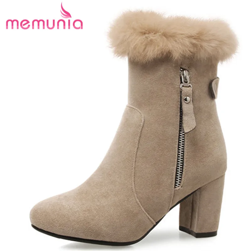 

MEMUNIA 2018 new fashion ankle boots comfortable thick heels boots sweet faux fur winter round toe women boots