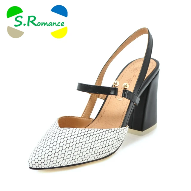 S.Romance Women Sandals Plus Size 34-43 High Square Heel Fashion Summer Office Slip-On Lady Pumps Women Shoes Black White SS1041