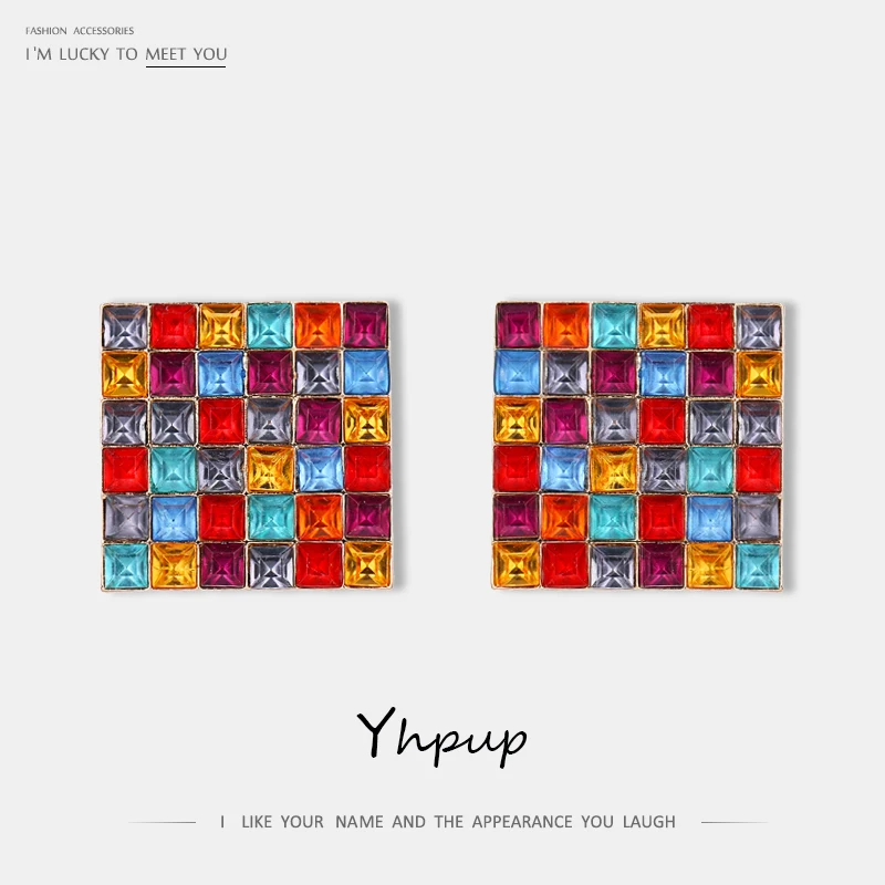 

Yhpup Trendy Brand Resin Crystal Square Geometric Stud Earrings Colorful Brand Temperament Brincos for Women Party Jewelry Gift