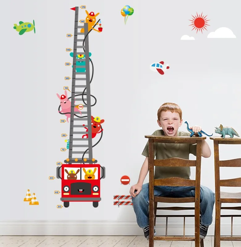 Пожарная машина Воздушная лестница измерение высоты стикер на стену детская комната для мальчиков детская диаграмма роста Наклейка на стену мультфильм Животные обои