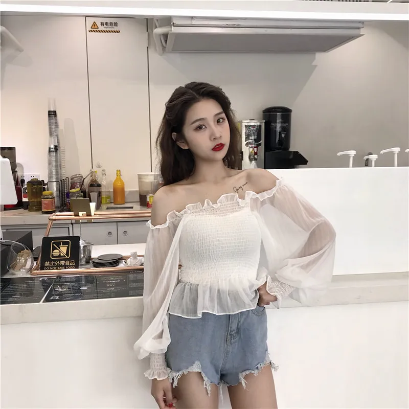 Shirts Women Slash Neck Lace Full Short Simple Elegant Ladies Korean Style Shirt Womens Slim Soft Chiffon Lantern Sleeve Shirt