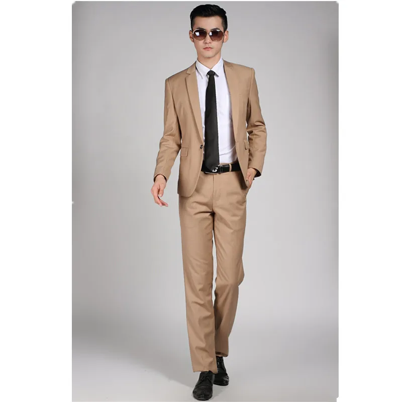 4-1 High Quality Men Khaki Suit Wedding Dress Groom Suit Prom Party Suits Set (Jacket + Pants) Mens Business Casual Suit Terno Noivo
