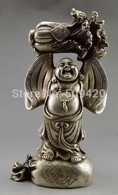 

Collectible Decorated Old Tibet Silver Carved Buddha Held Cabbage Bless Statue