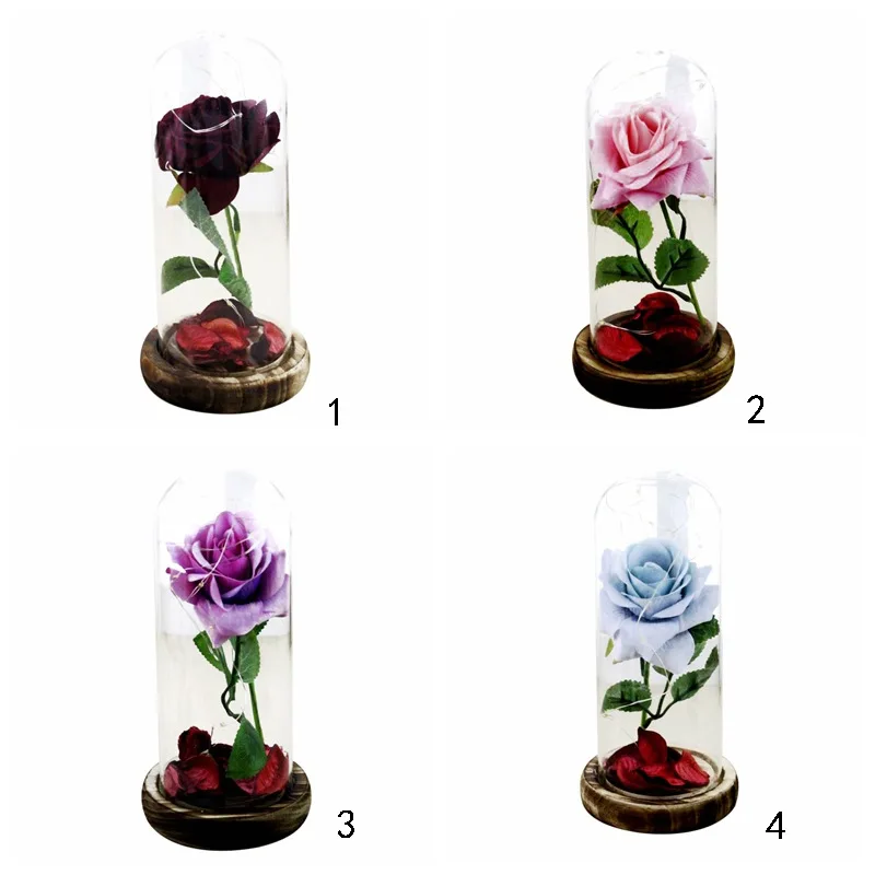 

Artificial Silk Rose with Fallen Petals Preserved in Glass Dome with LED Light String on Wooden Base Gift for Girls Festival