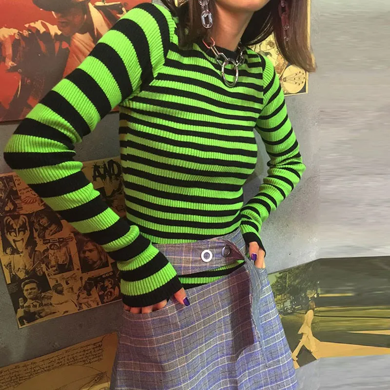 2018 Harajuku Punk Long Sleeve Striped Crop Sweater Green Yellow Slim Knit Sweater Sweaters