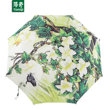 

100 CM * 8 ribs 3D Printing Green Vine Flowers Ink Painting Umbrella Portable Sunny Rainy 3 Folding Umbrellas for Women