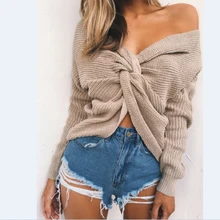 Two Wear V-Neck Knotted Halter Long Sleeve Sweater Women Sexy Twisted Jumpers Pullovers Ladies Tops Knitted Sweaters Pull Femme