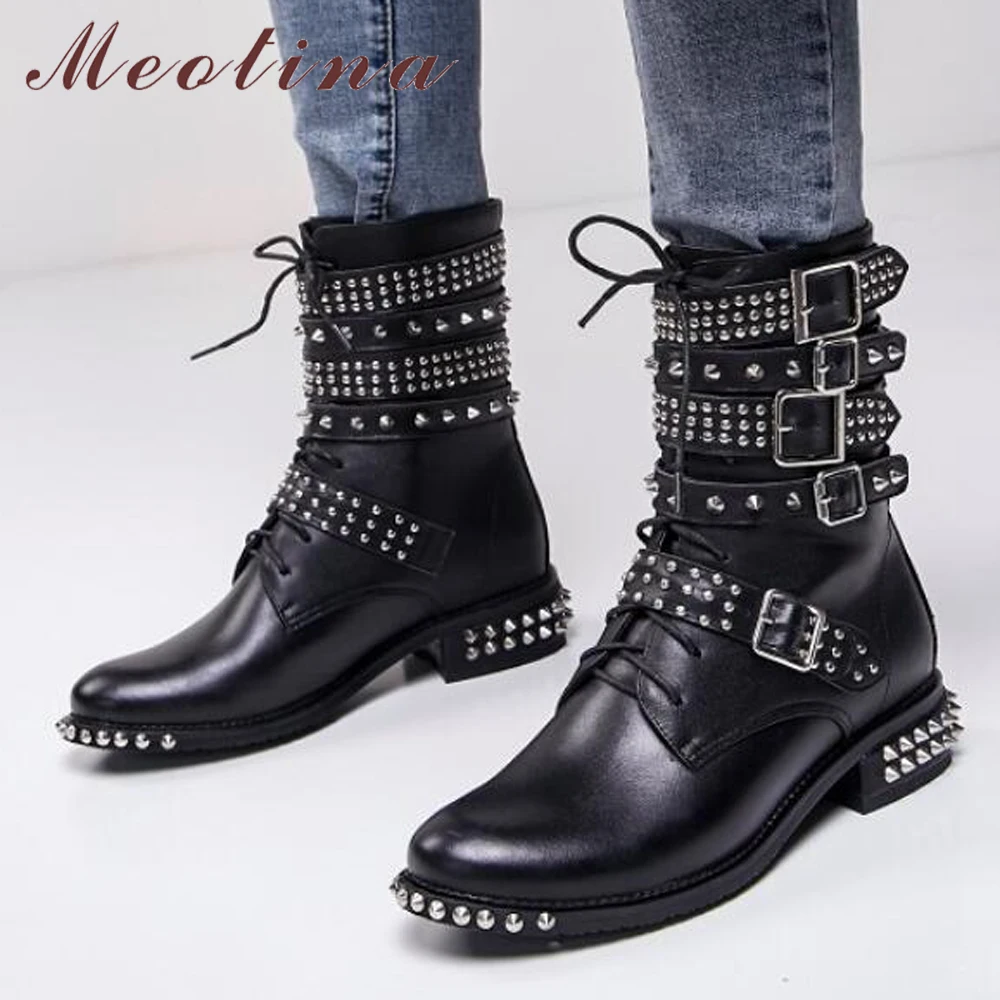 Meotian Genuine Leather Ankle Boots Motorcycle Boots Winter Buckle Leather Punk Rivets Square Low Heel Lace Up Shoes Black 40 Meotian Genuine Leather Ankle Boots Motorcycle Boots Winter Buckle Leather Punk Rivets Square Low Heel Lace Up Shoes Black 40