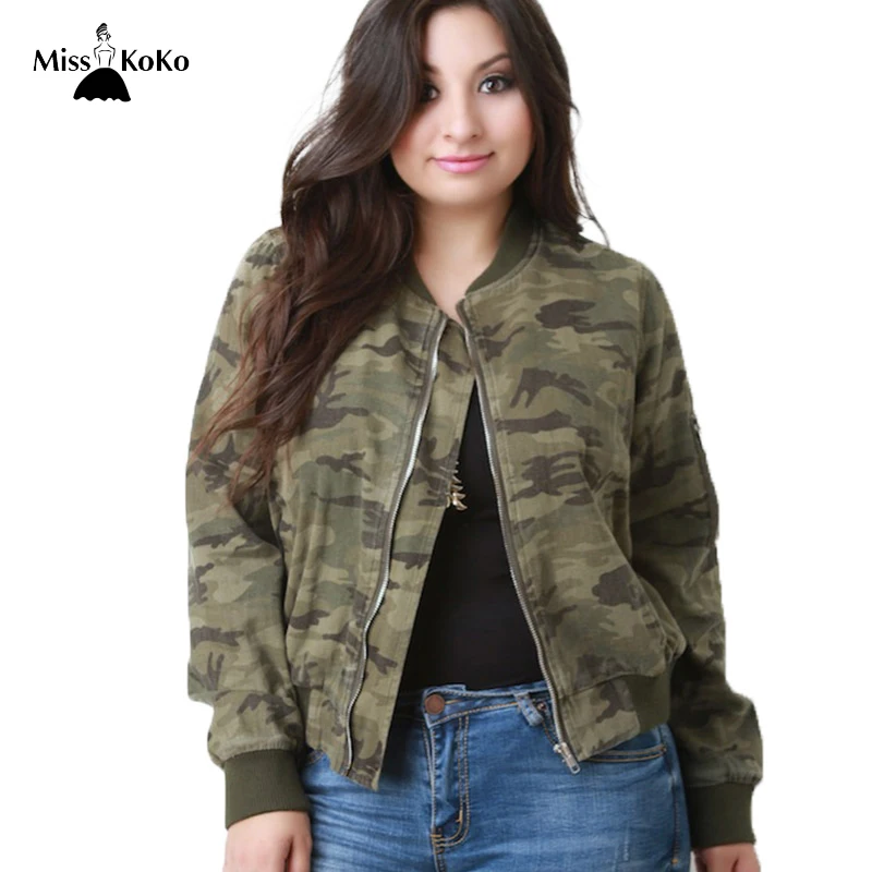 Misskoko Plus Size Camouflage Jacket Zipper Long Sleeve Bomber Jackets