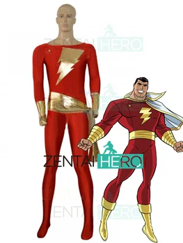 

Free Shipping Red And Gold Spandex Shazam Cosplay Costume 2019 Halloween William Batson Captain Marvel Superhero Costume Belt