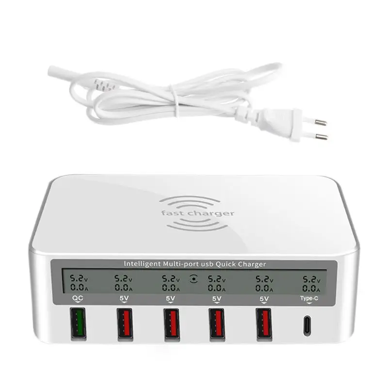 7-в-1 Тип Qi с разъемом type-C Беспроводной Зарядное устройство 5x USB QC 3,0 Быстрая зарядка с ЖК-дисплей Напряжение ток Дисплей для iPhone iPad samsung Xiaomi Huaw
