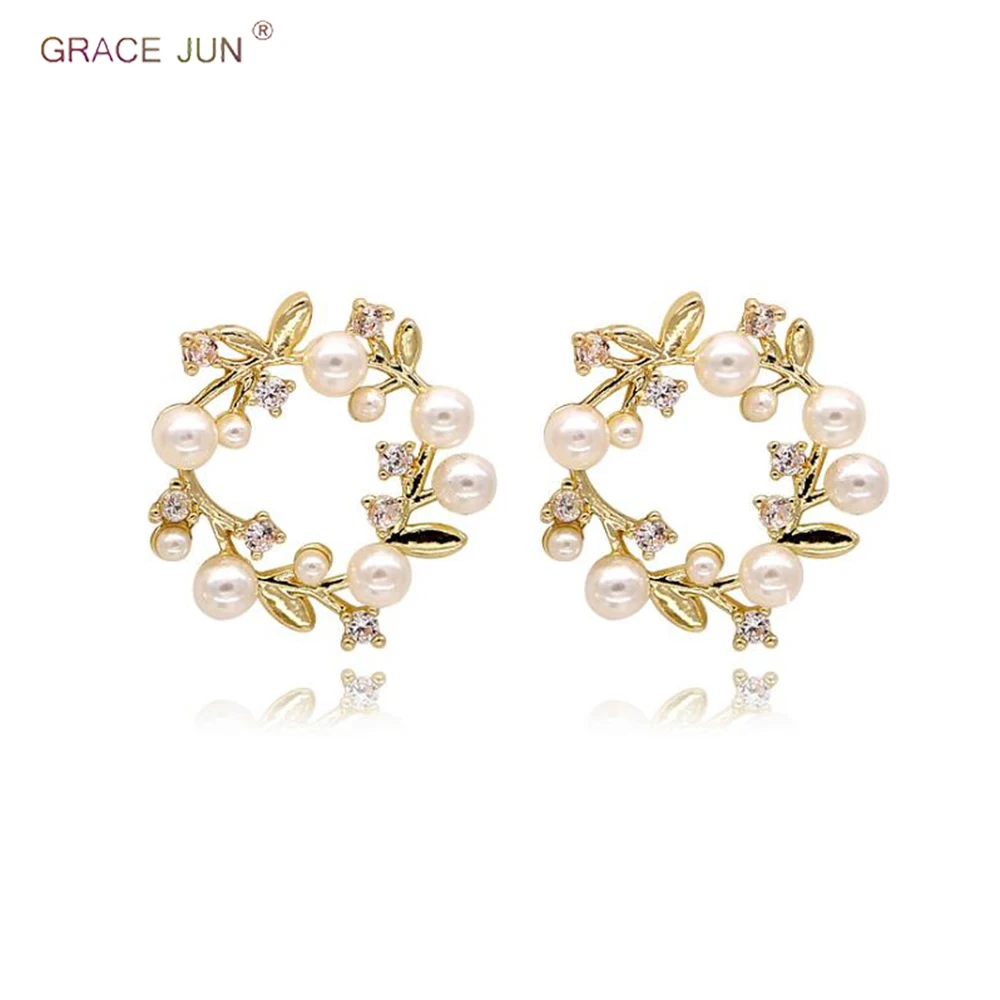

GRACE JUN New Arrival CZ Pearl Clip on Earrings and Pierced Earrings for Women Party Wedding Elegant Wreath Earrings Hot Sale