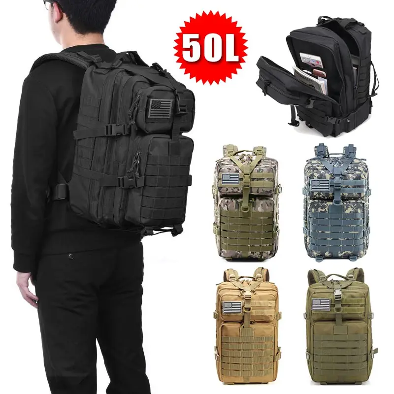 Большой вместимости 50л мужские армейские тактические рюкзаки, уличные 3D полиэфирные военные штурмовые сумки для путешествий, походов, кемпинга, охоты