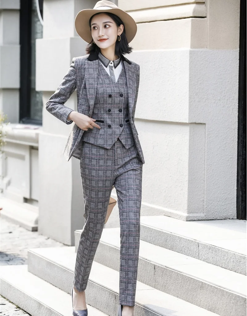Formal 3 Piece Set Women Business Suits With Jackets Coat and Pencil Pants and Vest & Waistcoat For Ladies Pantsuits Blazer Set