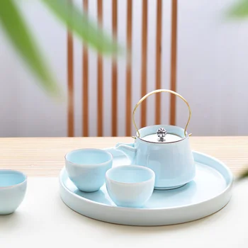 

Brief Solid Color Ceramic Porcelain Tea Set Hand Grip Teapot with Teacups Kit for Tea Ceremony Teaware Home Coffee Milk Pot Cups