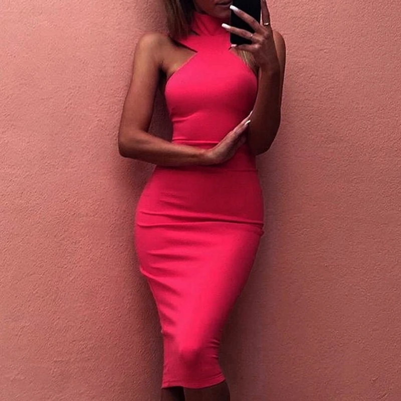 

Cold Shoulder Bandage Dress Women High Waist Bow Neck Halter Bodycon Mid Dress 2018 Summer Evening Party Dress Feminino Vestido
