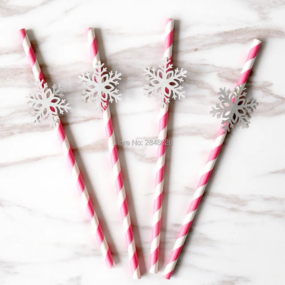 

Snowflake paper Straws- pink and silver party Decorations-winter onederland party, first birthday deco