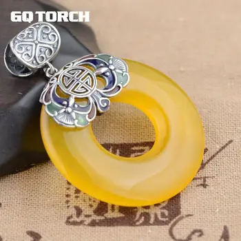 

GQTORCH 925 Sterling Sivler Gemstone Pendants Vintage Harmony Blessing Peace Natural Yellow Chalcedony Amulets And Talismans