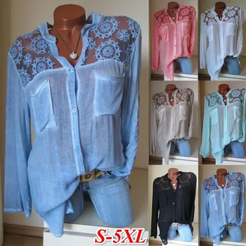 

2019 Women Blouses and Tops Hollow Lace Patchwork Stand Neck Shirts Long Sleeve Pockets Sky Blue Blouse Casual Blusas Femininas