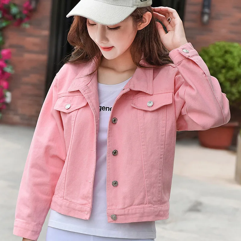 Pink Long Sleeve Short Jeans Women Jackets Denim Letter Print Turn Down Callor Woman's Coats 2019 Autumn Female Harajuku Outwear