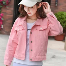 Pink Long Sleeve Short Jeans Women Jackets Denim Letter Print Turn Down Callor Woman's Coats 2019 Autumn Female Harajuku Outwear