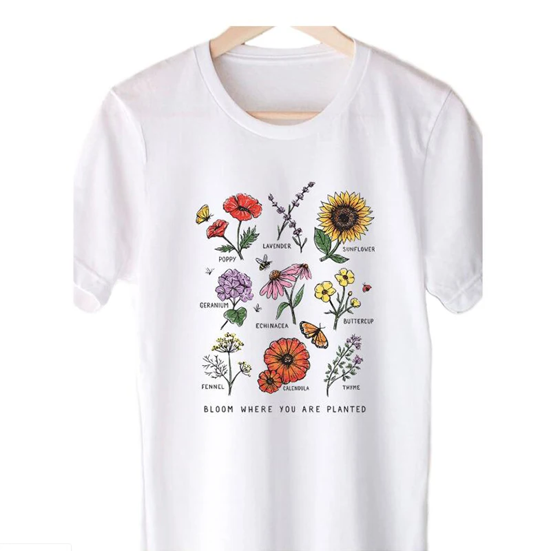Bloom Where You Are Planted T-shirt Sunflower Aesthetic Women Tshirt Save The Bees Cotton Tees Girl Ulzzang Tops Drop Shipping