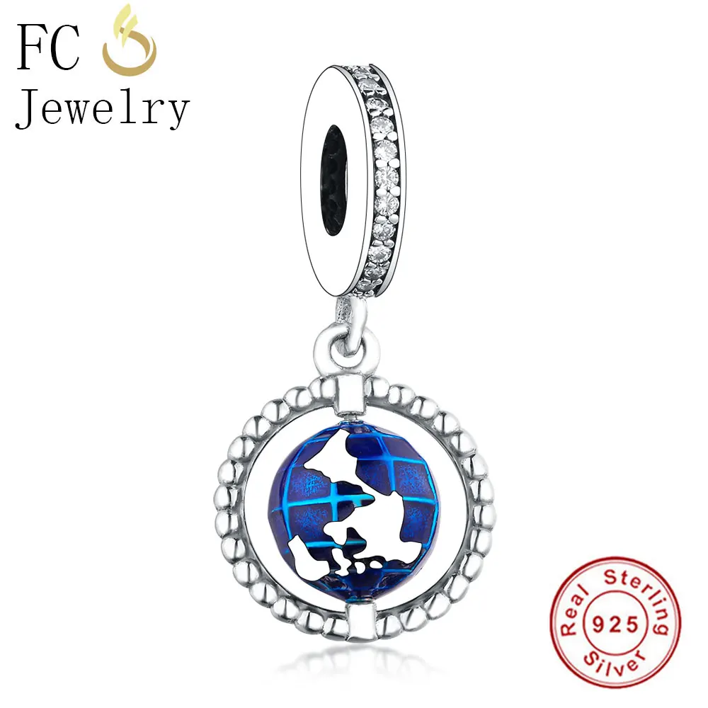 

FC Jewelry Fit Original Pandora Charm Bracelet 925 Sterling Silver Ball Dark Blue Enamel World Globe Bead Dangle Berloque 2019