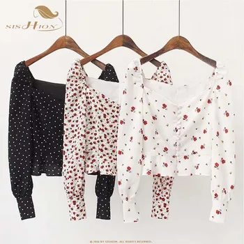 

SISHION Autumn New Short Casual Chiffon Ruffles Print Shirt QY0261 Women Square Collar Ladies Shirt Femme