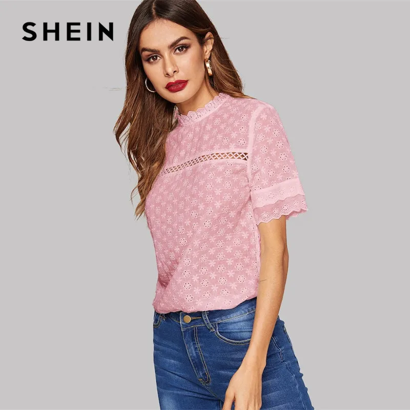 SHEIN Нарядный Белый Топ С Ажурной Отделкой Летняя Блуза С Средним Рукавом Модная Блузка С Отделкой