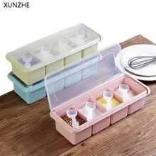 XUNZHE креативность пластиковая откидная крышка банка для специй 4 сетки солонка приправа коробка с ложкой специи ящик для хранения кухонные принадлежности