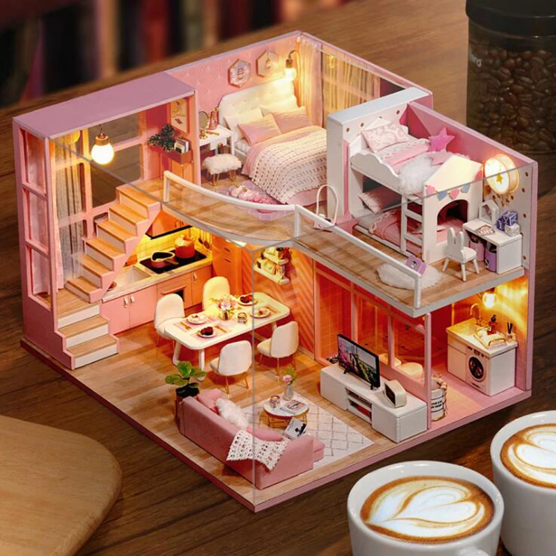 DIY игрушечный деревянный дом poppenhuis деревянные Miniatura кукольные домики миниатюрный