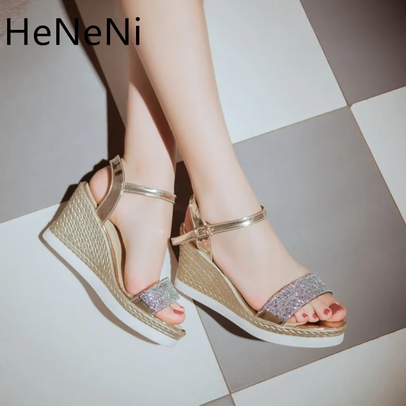 

Summer New Round Toe Ankle Strap Sequins Slope Strap Women's High-heeled Sandals Elegant Sweet Women's Sandals 3 Color 34-39
