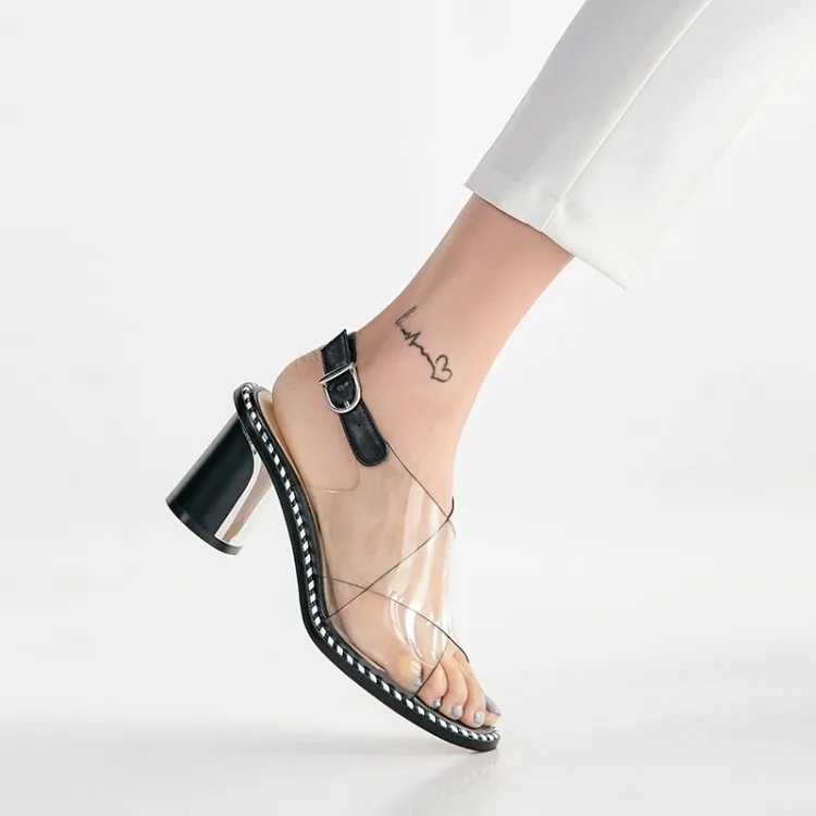 

PXELENA 2019 Summer Chic Women Sandals Genuine Leather PVC Transparent Clear Round High Heels Cross tied Party Shoes Ladies Hot