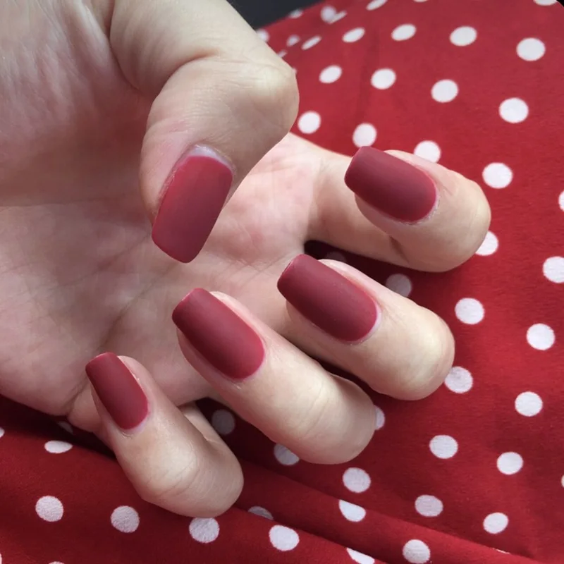 

Red Matte Fake Nails With Design Pointed Finished Full Cover Nail Art Short Square Head Adhesive Lot With Glue 24Count