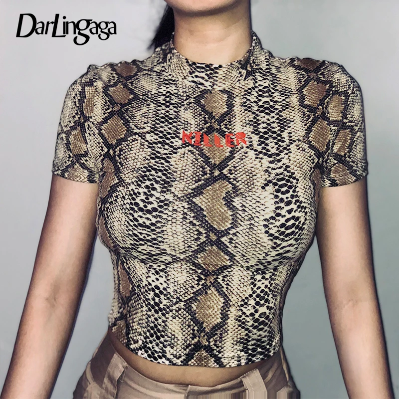 Darlingaga Streetwear snake print female t shirt letter stand collar t shirt women clothes crop