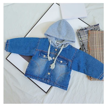 

SFC-254 Children Baby Boys And Kids Winter Outerwear Dark Blue Plush Jean Bleack Hooded Jacket Coat