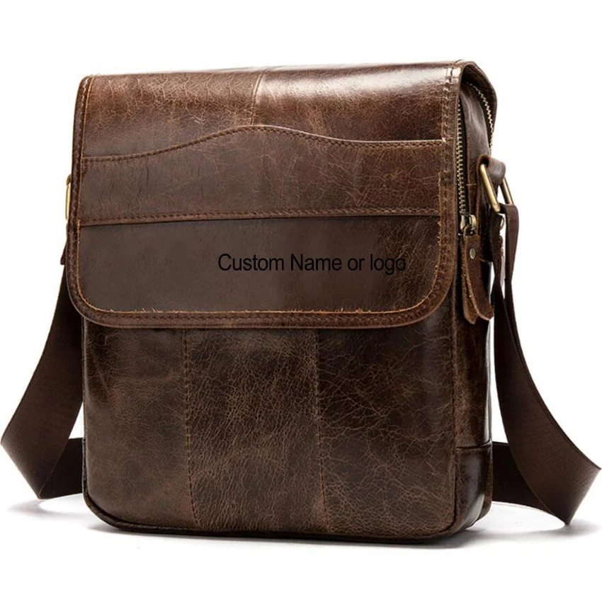 Custom Name or logo Men Messenger bag Genuine Leather strap Small