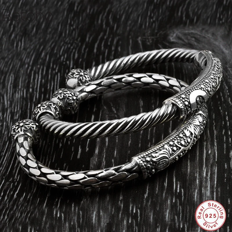 S925 sterling silver bracelet men's retro punk rock silver bracelet open bracelet riding men's jewelry Twist bracelet new