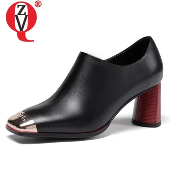 

ZVQ woman shoes spring new fashion sexy square toe genuine leather woman pumps outside high heels zip office shoes drop shipping