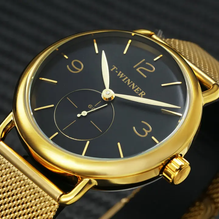WINNER ультра тонкие простые механические часы для мужчин лучший бренд класса люкс Синий Рабочий суб-циферблат сетчатый ремешок модный лаконичный стальной ремешок - Цвет: GOLDEN-BLACK
