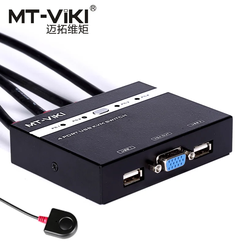 MT Viki 4 Port VGA USB KVM Switch with Wired Remote Extension Control Switcher Built in Cable