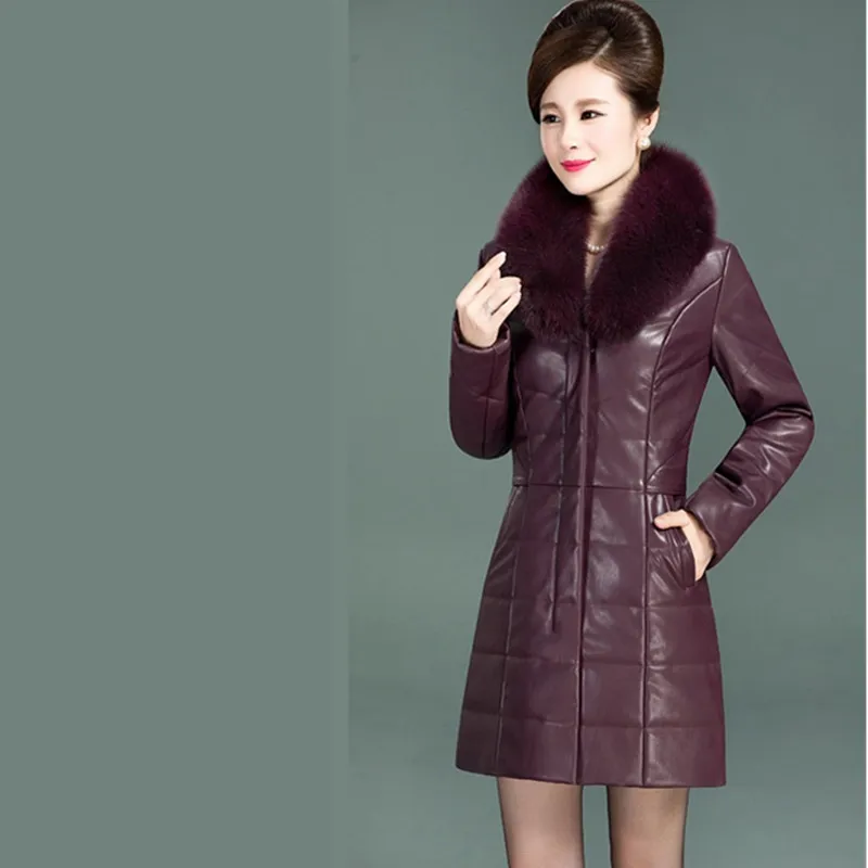 Grape purple UHYTGF XL-6XL, Высококачественная хлопковая зимняя куртка из искусственной кожи, Женская Модная приталенная кожаная куртка с меховым воротником, Женское пальто больших размеров 118 - Цвет: Grape purple