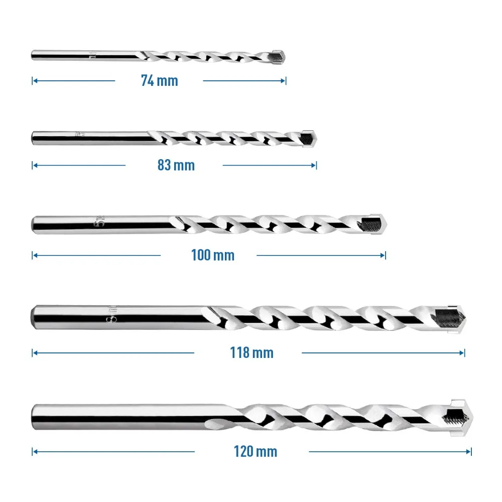 QWORK 5 шт. набор сверл для кладки, усиленный Твердосплавный Наконечник, хромированное покрытие для бетона, плитки, кирпича, пластика и другой кладки