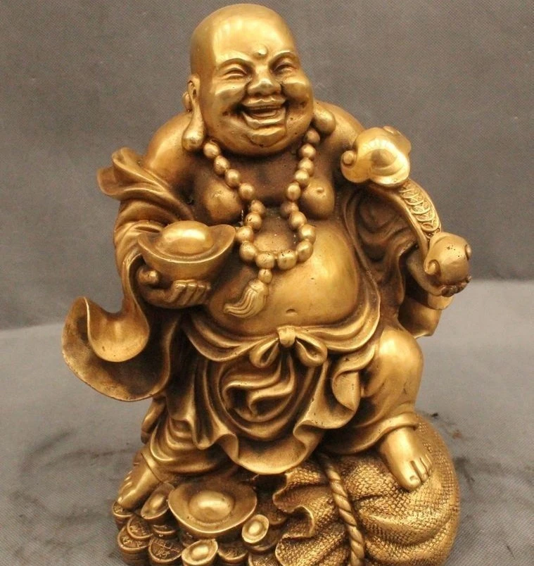 

11" Chinese Buddhism Brass Wealth Happy Laugh Maitreya Buddha Money Bag Statue