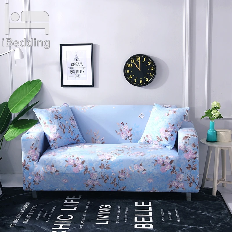 Light Blue Fresh Flower Elastic Sofa Protector Cover For Living