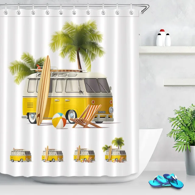 LB Happy Camper Van Shower Curtain Summer Travel Waterproof Polyester