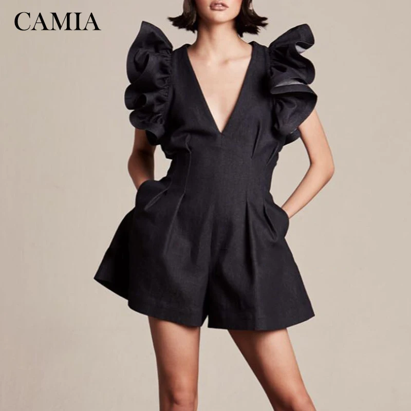 

CAMIA Women's Black Jumpsuit Ruffle V-Neck Sleeveless High Waist Wide Legs Jumpsuit