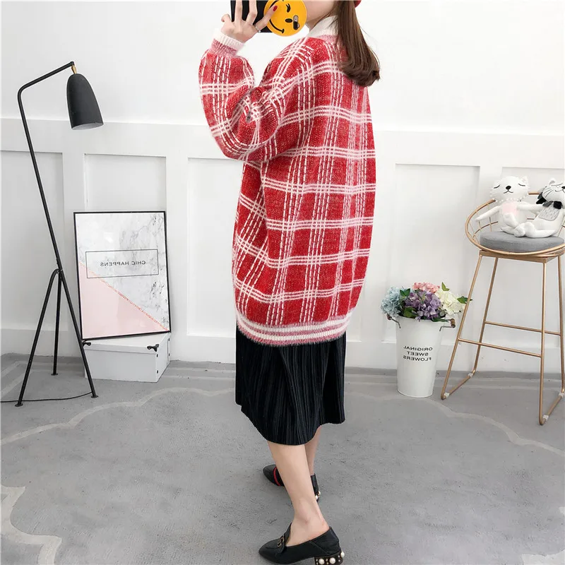 New Autumn Winter Women Sweater Casual Loose Knitted Outerwear Long sleeves Plaid Cardigan For Lady Office Casual V Neck